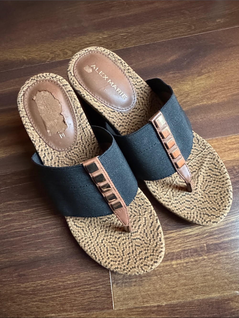Alex Marie Black Fabric and Tan Embellished Thong Sandals Size 5.5